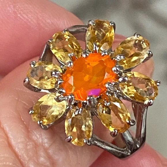Fascinating Genuine Orange Opal and Citrine Ring